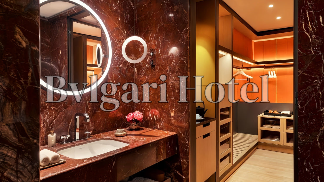 Luxurious Bvlgari Hotel bathroom, with towels and Bvlgari hand soap on the sink