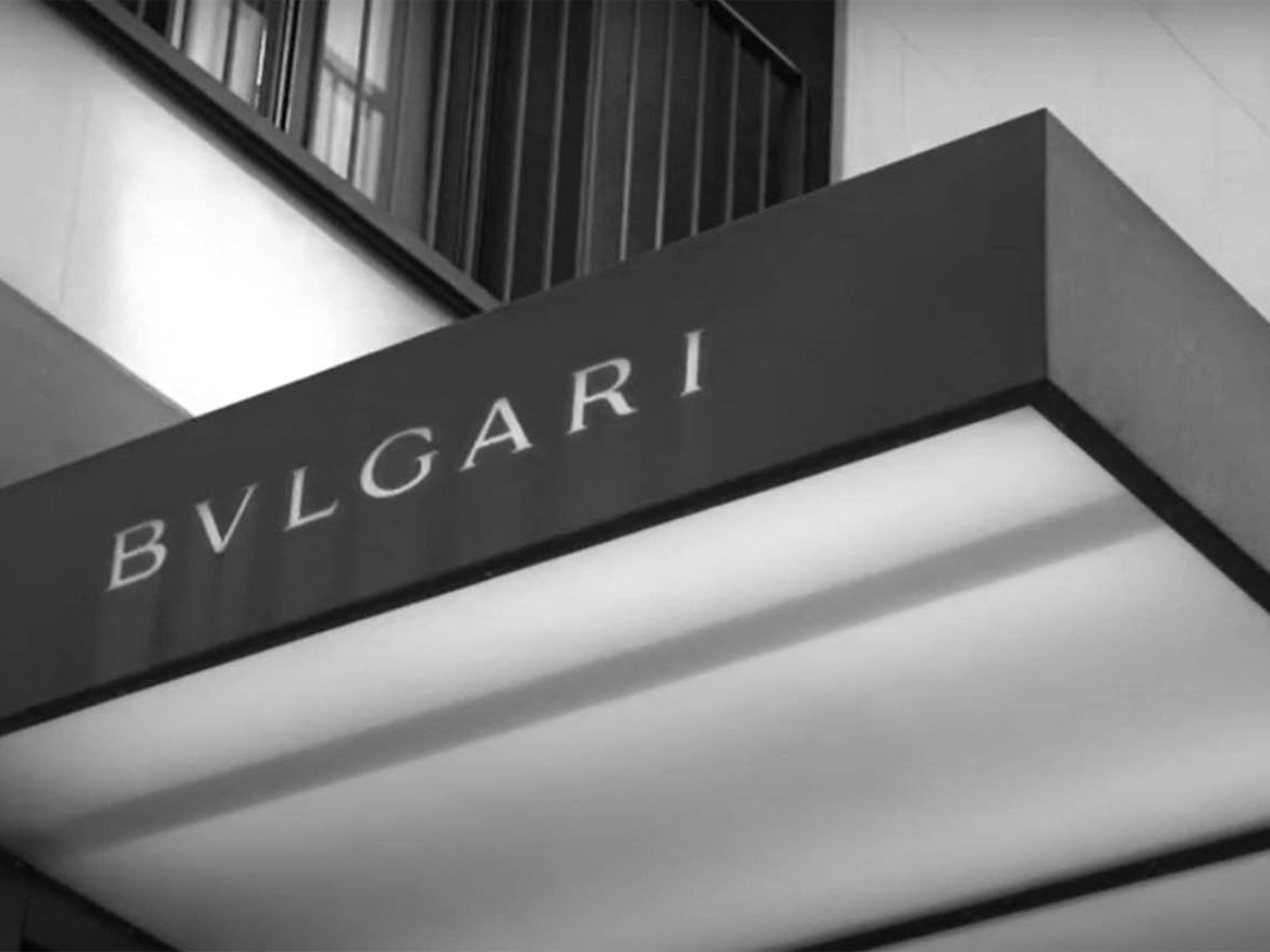 The doorplate of Bvlgari Hotel is clearly visible, with black tones