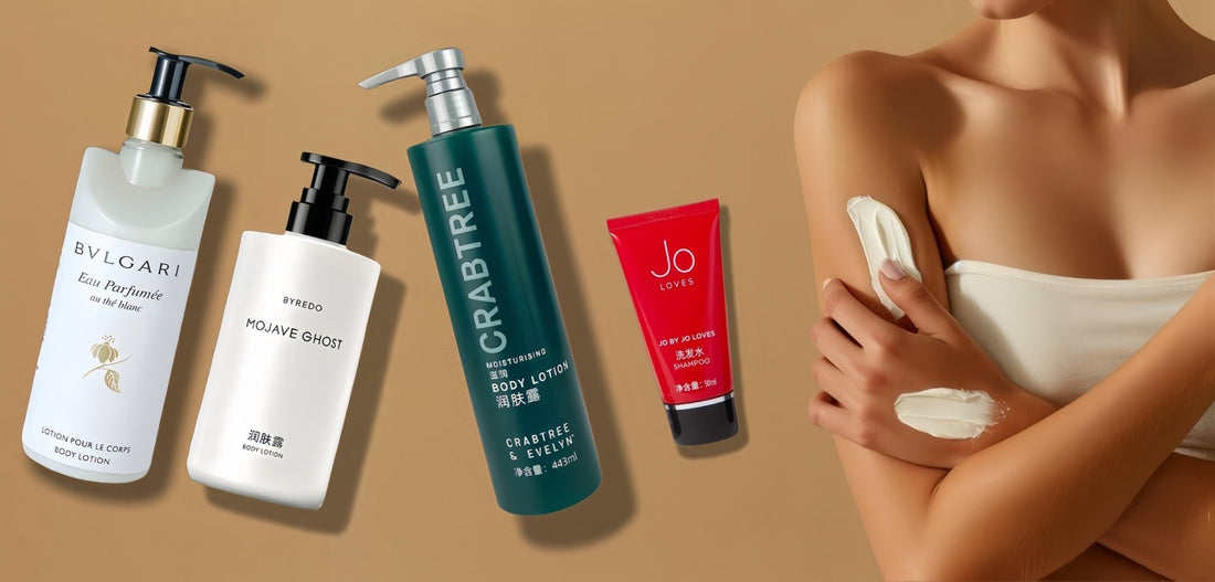 background is light yellow,  right side showing a lady arm applied with body lotion. her left side,  there are bvlgari, byredo and crabtree body lotion, with one travel kit of jo love shampoo.