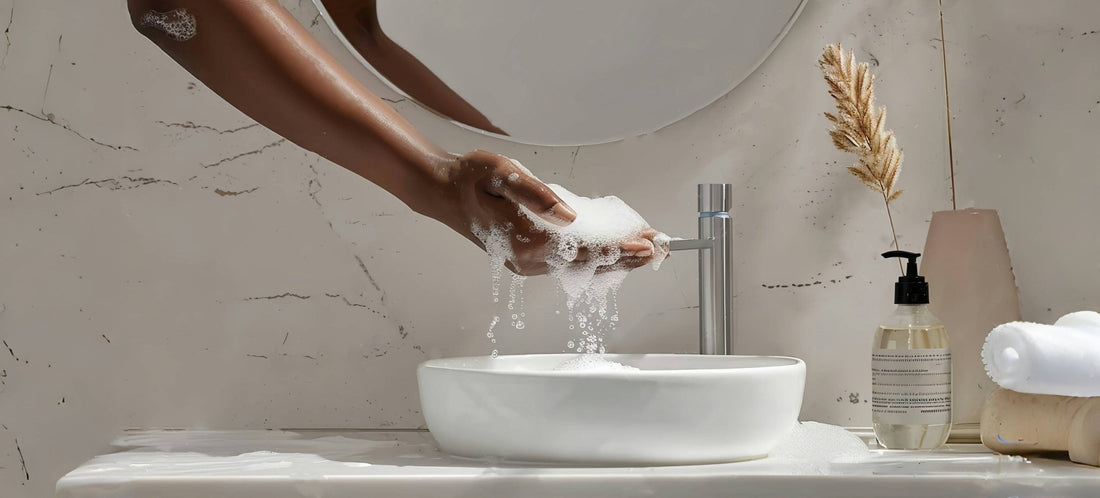 Man washes his hands in hotel, his hands are covered with foam