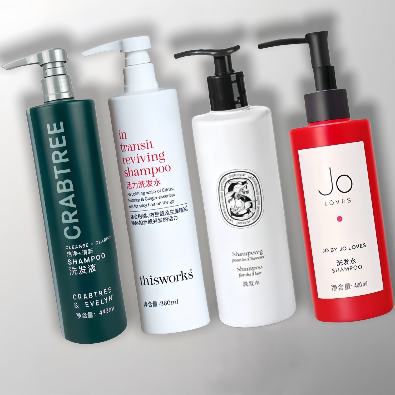 1 bottle crabtree evelyn shampoo,1 bottle thisworks shampoo,1 bottle Diptyque shampoo，1 bottle jo loves