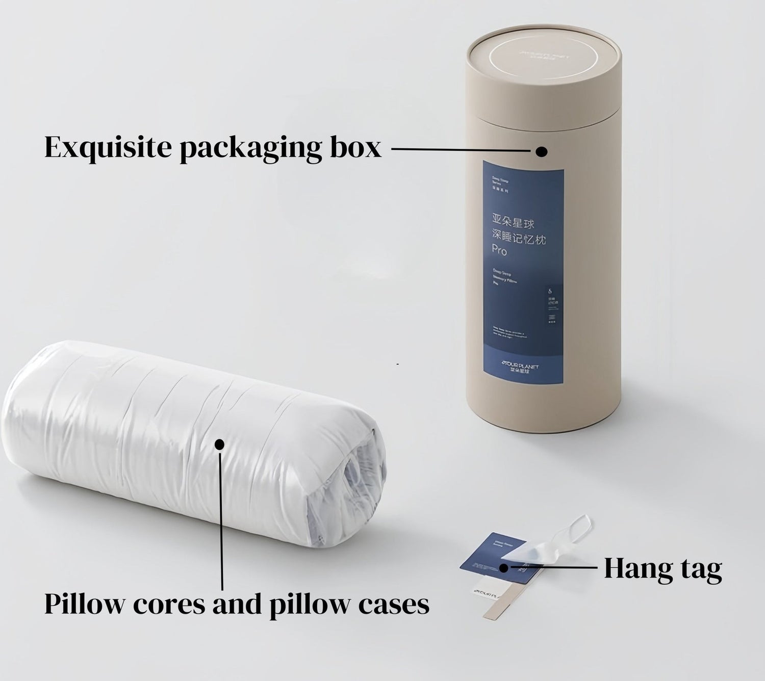 A cylindrical packaging box, a pillow core and an Atour Hotel tag label