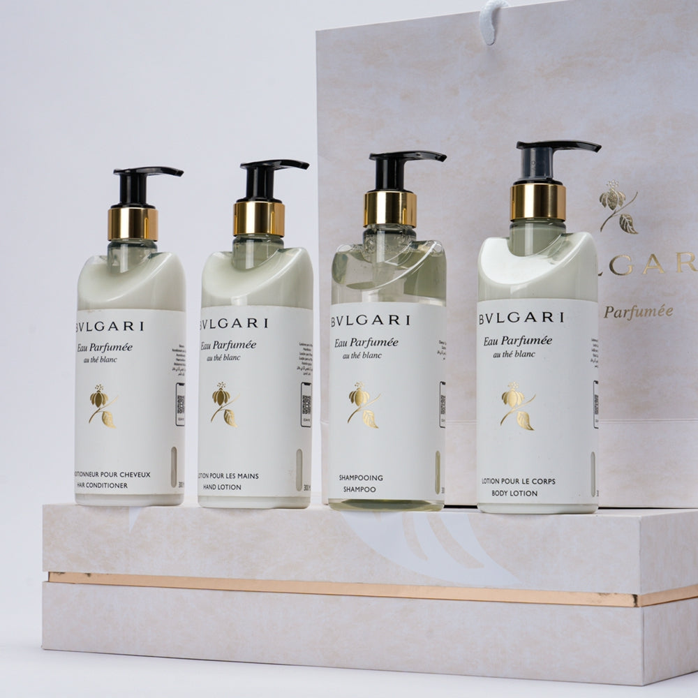 Bvlgari Hotel Shampoing &amp; Gel Douche &amp; Après-Shampoing &amp; Lotion pour le Corps &amp; liquide pour se laver les mains  White Tea 300ML 