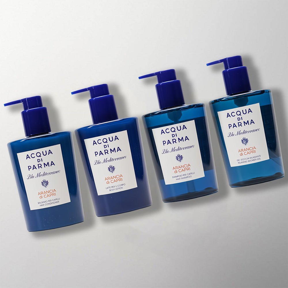 Acqua Di Parma Blue Mediterraneo Shampoo Conditioner Shower Gel Body Lotion for InterContinental Hotel toiletries.