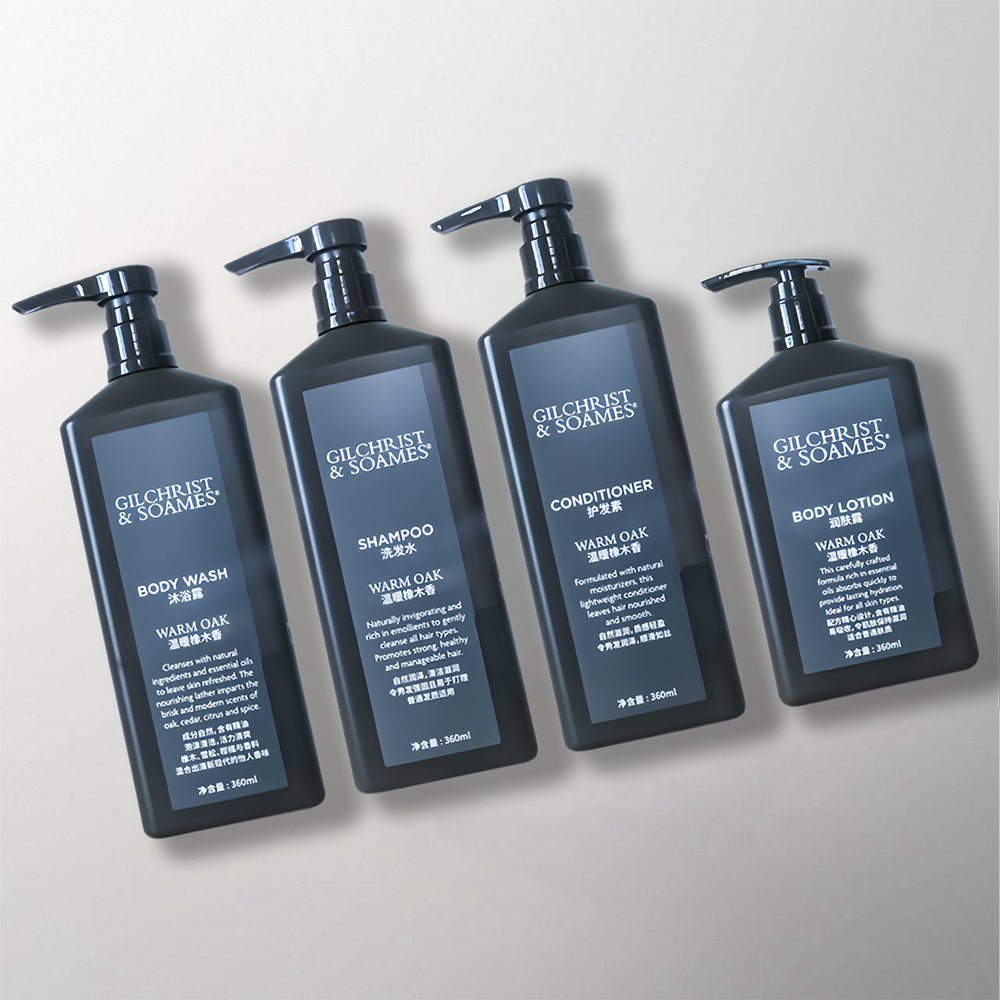 GILCHRIST and SOAMES Shampoo Shower Gel Conditioner Body Lotion for Sheraton Hotel Toiletries.