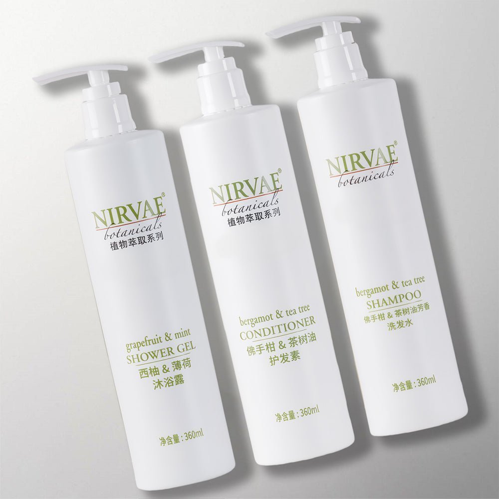 NIRVAE Botanicals Shampoo Conditioner Shower Gel for Courtyard by Marriott Hotel Toiletries.